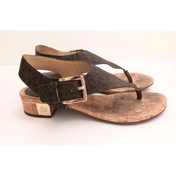 Michael Kors Shoes - Michael Kors Thong Sandal Brown MK Logo Cork Block Heel Buckle Ankle Strap Sz 6